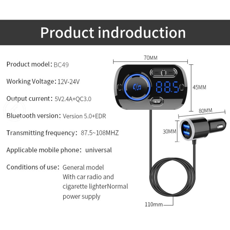 BC49BQ Car Digital Radio Receiver Bluetooth MP3 Player FM Transmitter Voice Assistant QC3.0 Quick Charger - Bluetooth Car Kits by PMC TechLife | Online Shopping South Africa | PMC TechLife