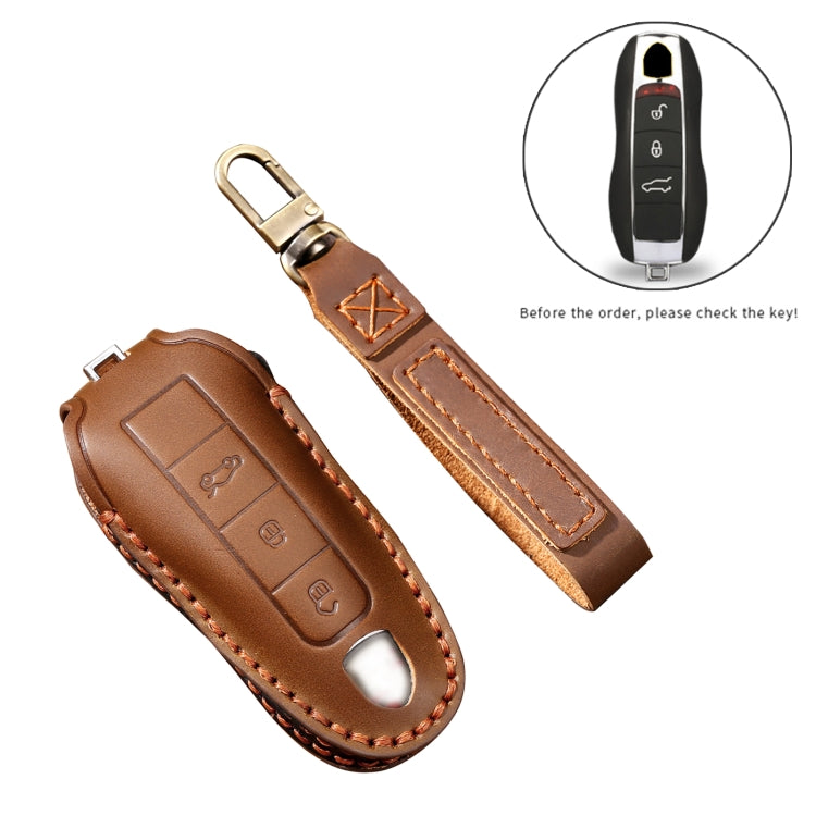 Hallmo Car Cowhide Leather Key Protective Cover Key Case for Porsche Macan 718 2021 A Style(Brown) - Car Key Cases by Hallmo | Online Shopping South Africa | PMC TechLife | Buy Now Pay Later Mobicred