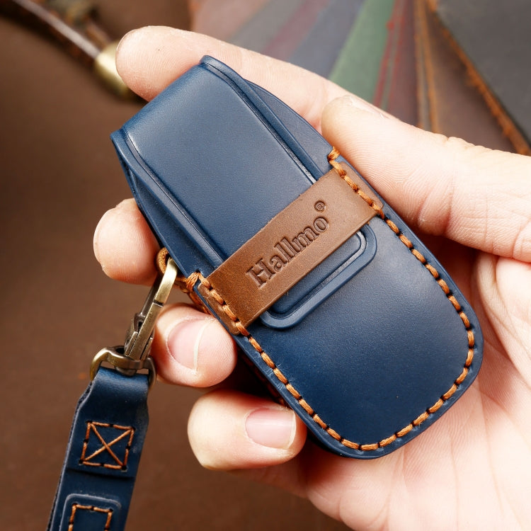 Hallmo Car Cowhide Leather Key Protective Cover Key Case for Old Mercedes-Benz E300L(Blue) - Car Key Cases by Hallmo | Online Shopping South Africa | PMC TechLife | Buy Now Pay Later Mobicred