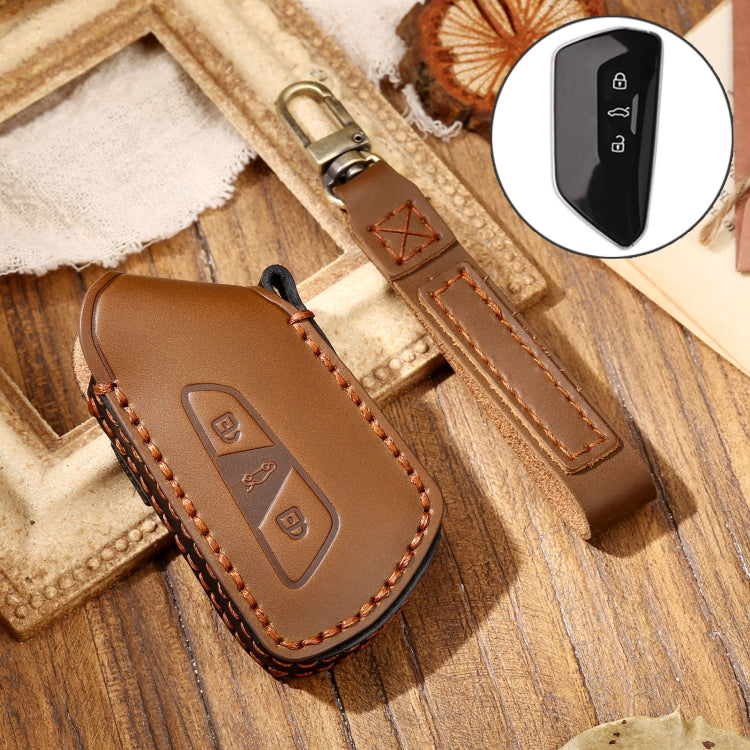 Hallmo Car Cowhide Leather Key Protective Cover Key Case for Volkswagen Golf 8(Brown) - Car Key Cases by Hallmo | Online Shopping South Africa | PMC TechLife | Buy Now Pay Later Mobicred