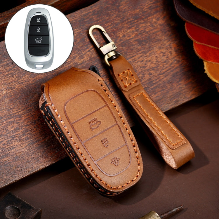 Hallmo Car Cowhide Leather Key Protective Cover Key Case for Hyundai 3-button(Brown) - free shipping - PMC TechLife - Order now!