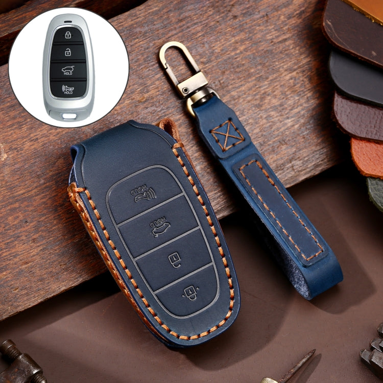 Hallmo Car Cowhide Leather Key Protective Cover Key Case for Hyundai 4-button(Blue) - Car Key Cases by Hallmo | Online Shopping South Africa | PMC TechLife | Buy Now Pay Later Mobicred