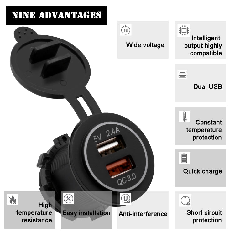 Universal Car QC3.0 Dual Port USB Charger Power Outlet Adapter 5V 2.4A IP66 with 60cm Cable(White Light) - free shipping - PMC TechLife - Order now!