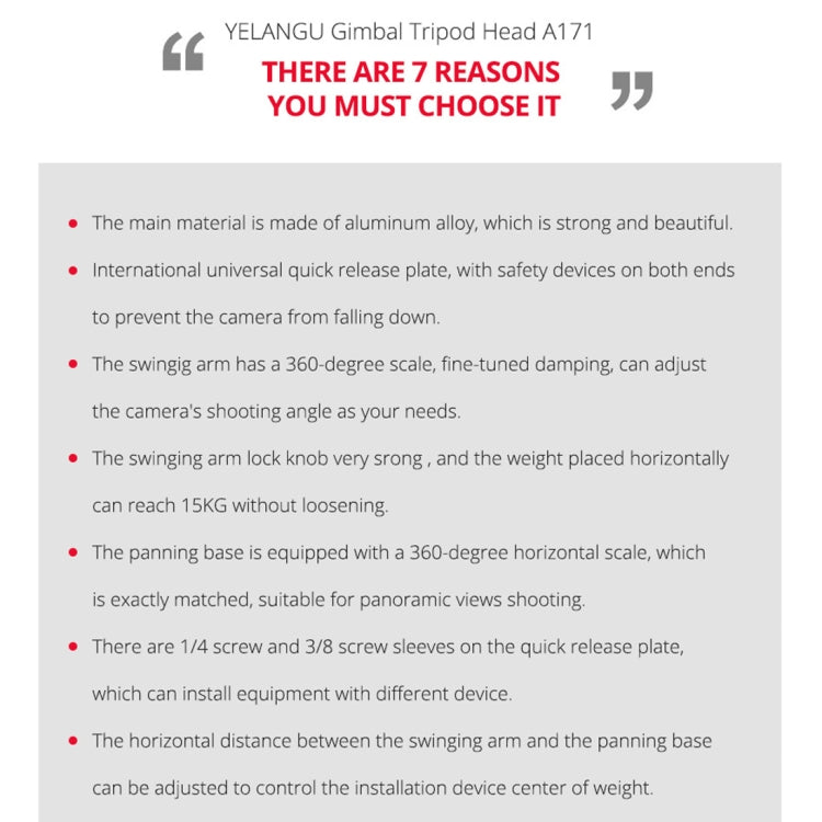 YELANGU A171 YLG0401E-C 360 Degree Rotation Horizontal Cantilever Gimbal Tripod Head for Home DV and SLR Cameras (Black) - Tripod Heads by YELANGU | Online Shopping South Africa | PMC TechLife | Buy Now Pay Later Mobicred