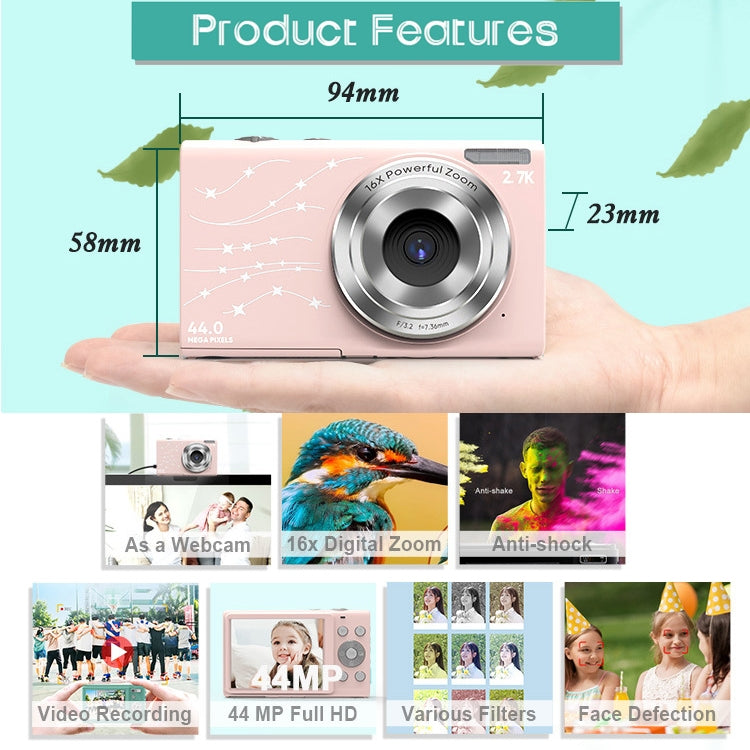 DC402 2.4 inch 44MP 16X Zoom 1080P Full HD Digital Camera Children Card Camera, EU Plug (Pink) - free shipping - PMC TechLife - Order now!