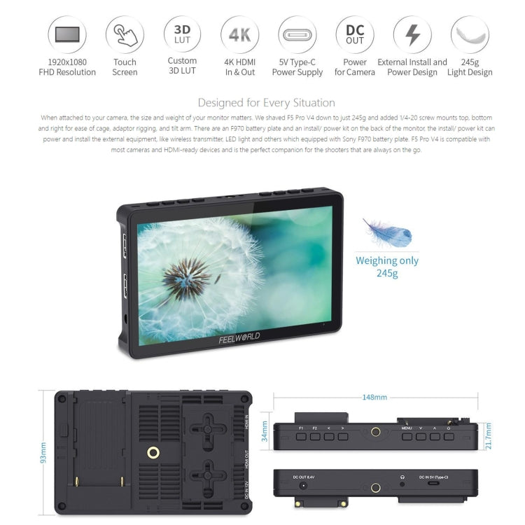 FEELWORLD F5 Pro V4 6 inch Touch Screen DSLR Camera Field Monitor 3D LUT 4K HDMI Input Output Tilt Arm - free shipping - PMC TechLife - Order now!