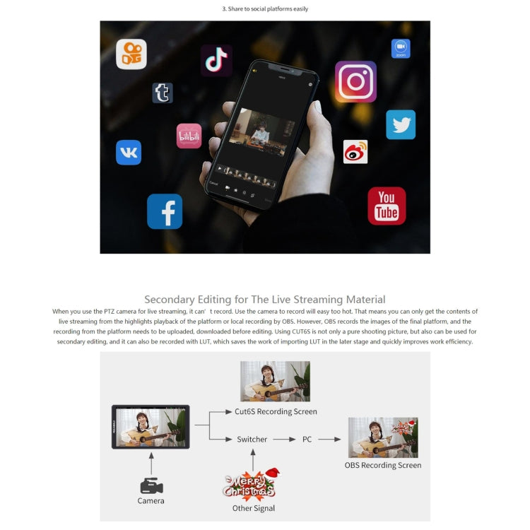 FEELWORLD CUT6S 6-inch Touch Screen Monitor Recorder FHD IPS 4K HDMI 3G-SDI Camera Field Monitor (Black) - free shipping - PMC TechLife - Order now!