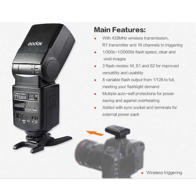 Godox TT520II 433MHZ Wireless 1/300s-1/2000s HSS Flash Speedlite Camera Top Fill Light for Canon / Nikon DSLR Cameras(Black) - free shipping - PMC TechLife - Order now!