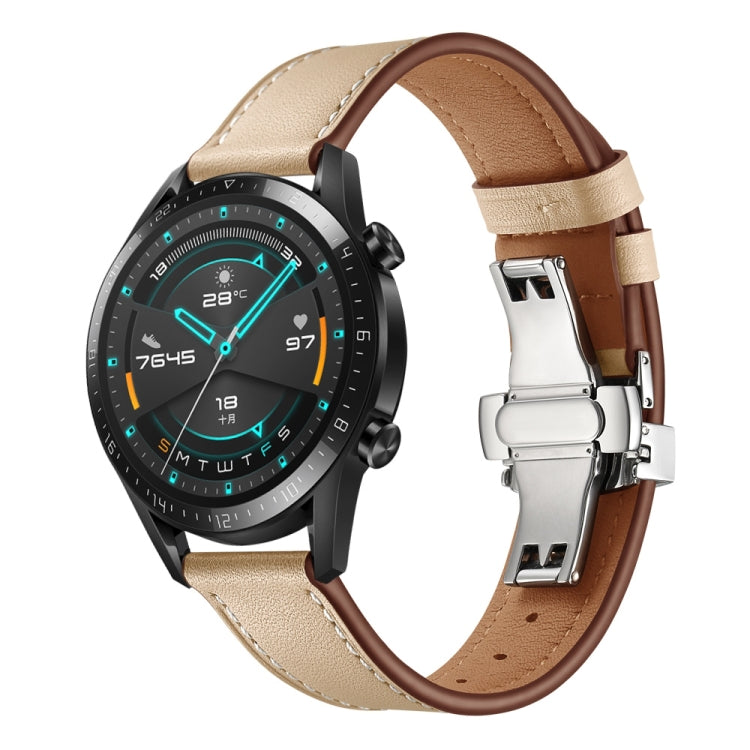 22mm Universal Butterfly Buckle Leather Watch Band, Style:Silver Buckle(Apricot) - 22mm Bands by PMC TechLife | Online Shopping South Africa | PMC TechLife | Buy Now Pay Later Mobicred