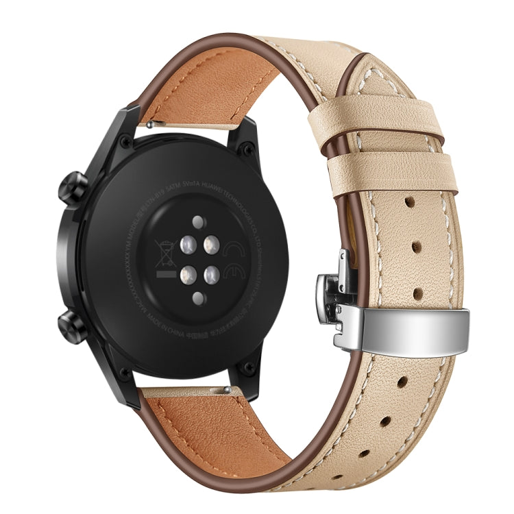 22mm Universal Butterfly Buckle Leather Watch Band, Style:Silver Buckle(Apricot) - 22mm Bands by PMC TechLife | Online Shopping South Africa | PMC TechLife | Buy Now Pay Later Mobicred