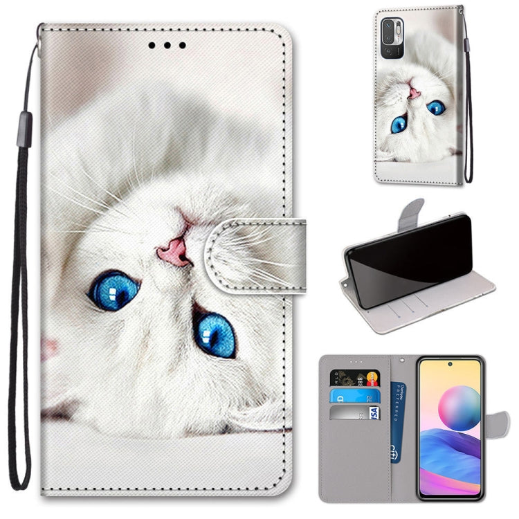For Xiaomi Redmi Note 10 5G Coloured Drawing Cross Texture Horizontal Flip PU Leather Case with Holder & Card Slots & Wallet & Lanyard(White Kitten) - free shipping - PMC TechLife - Order now!