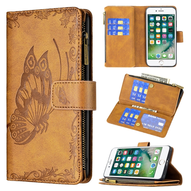 For iPhone 8 Plus / 7 Plus Flying Butterfly Embossing Pattern Zipper Horizontal Flip Leather Case with Holder & Card Slots & Wallet(Brown) - More iPhone Cases by PMC TechLife | Online Shopping South Africa | PMC TechLife | Buy Now Pay Later Mobicred