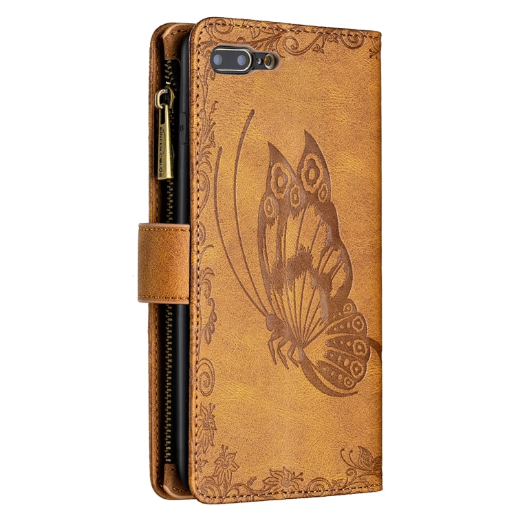 For iPhone 8 Plus / 7 Plus Flying Butterfly Embossing Pattern Zipper Horizontal Flip Leather Case with Holder & Card Slots & Wallet(Brown) - More iPhone Cases by PMC TechLife | Online Shopping South Africa | PMC TechLife | Buy Now Pay Later Mobicred