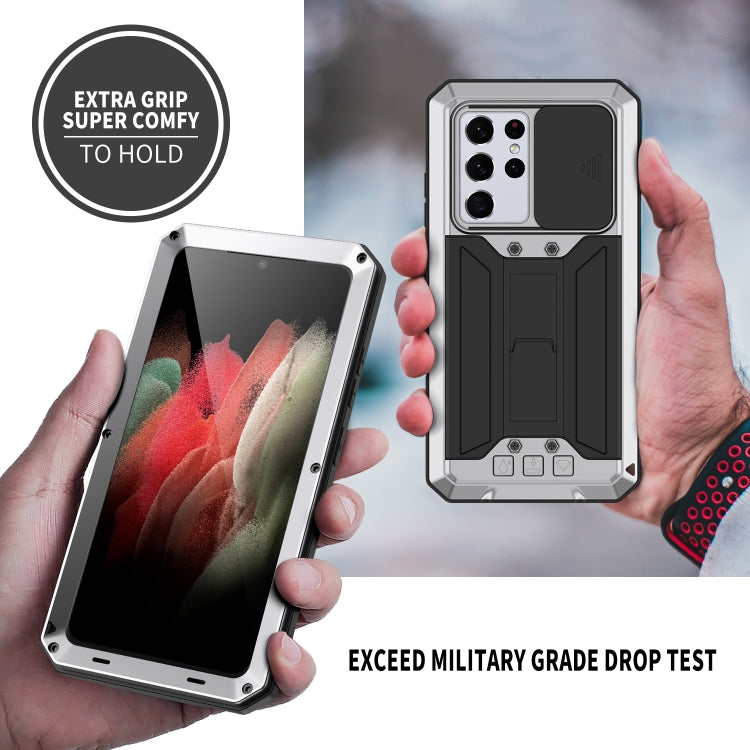 For Samsung Galaxy S21 Ultra 5G R-JUST Sliding Lens Cover Shockproof Dustproof Waterproof Metal + Silicone Case with Invisible Holder(Silver) - Galaxy S21 Ultra 5G Cases by R-JUST | Online Shopping South Africa | PMC TechLife | Buy Now Pay Later Mobicred