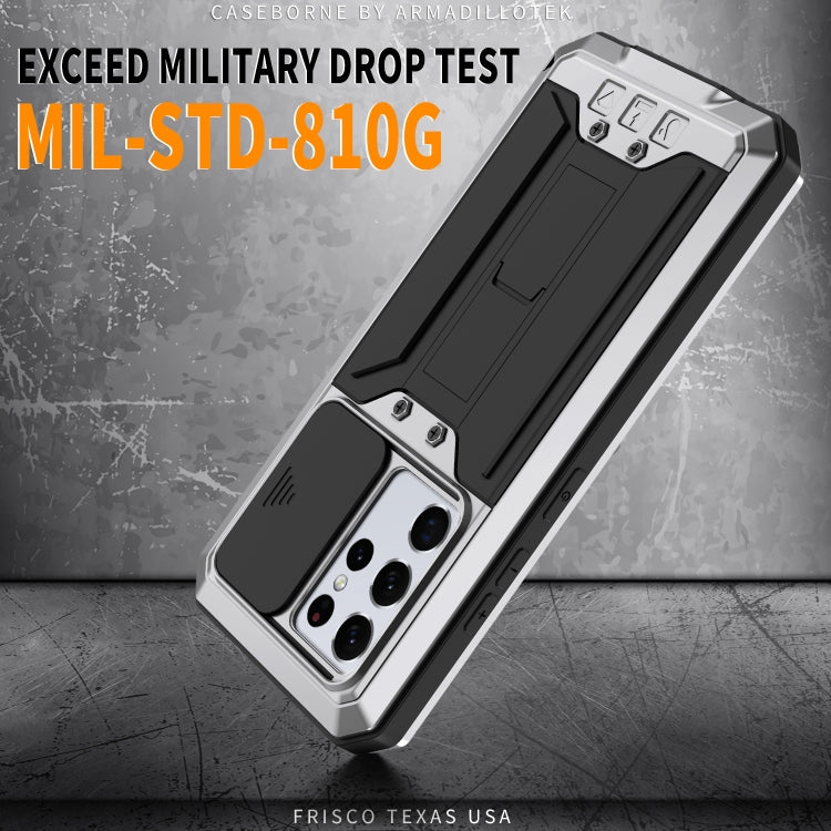 For Samsung Galaxy S21 Ultra 5G R-JUST Sliding Lens Cover Shockproof Dustproof Waterproof Metal + Silicone Case with Invisible Holder(Silver) - Galaxy S21 Ultra 5G Cases by R-JUST | Online Shopping South Africa | PMC TechLife | Buy Now Pay Later Mobicred