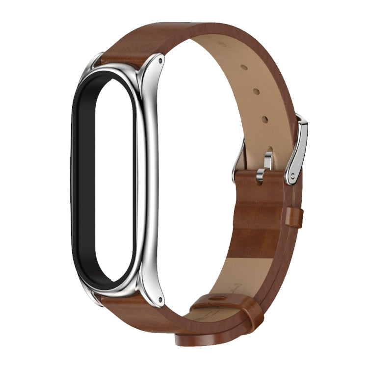 For Xiaomi Mi Band 6 / 5 / 4 / 3 Mijobs Metal Case Crazy Horse Texture PU Microfiber Plus Watch Band(Brown Silver) - Watch Bands by MIJOBS | Online Shopping South Africa | PMC TechLife | Buy Now Pay Later Mobicred