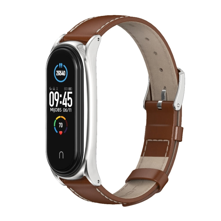 For Xiaomi Mi Band 6 / 5 / 4 / 3 Mijobs First Layer Cowhide Plus Watch Band(Brown Silver) - Watch Bands by MIJOBS | Online Shopping South Africa | PMC TechLife | Buy Now Pay Later Mobicred