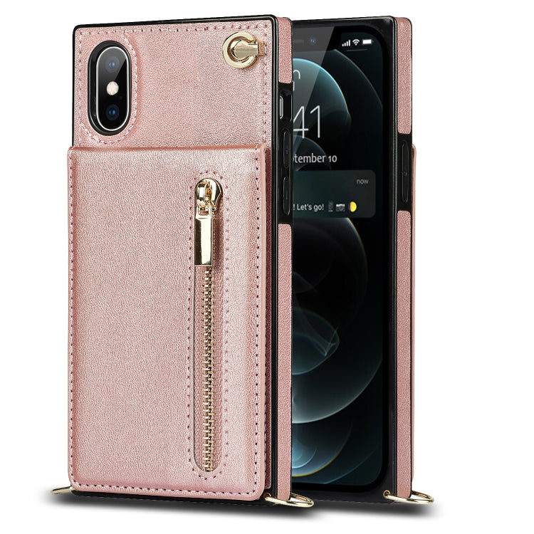 For iPhone X / XS Cross-body Zipper Square TPU+PU Back Cover Case with Holder & Card Slots & Wallet & Strap(Rose Gold) - free shipping - PMC TechLife - Order now!