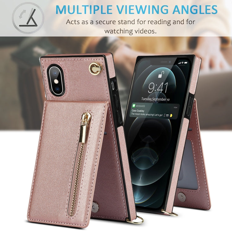 For iPhone X / XS Cross-body Zipper Square TPU+PU Back Cover Case with Holder & Card Slots & Wallet & Strap(Rose Gold) - free shipping - PMC TechLife - Order now!
