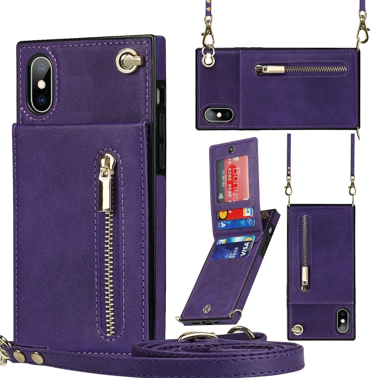 For iPhone X / XS Cross-body Zipper Square TPU+PU Back Cover Case with Holder & Card Slots & Wallet & Strap(Purple) - free shipping - PMC TechLife - Order now!