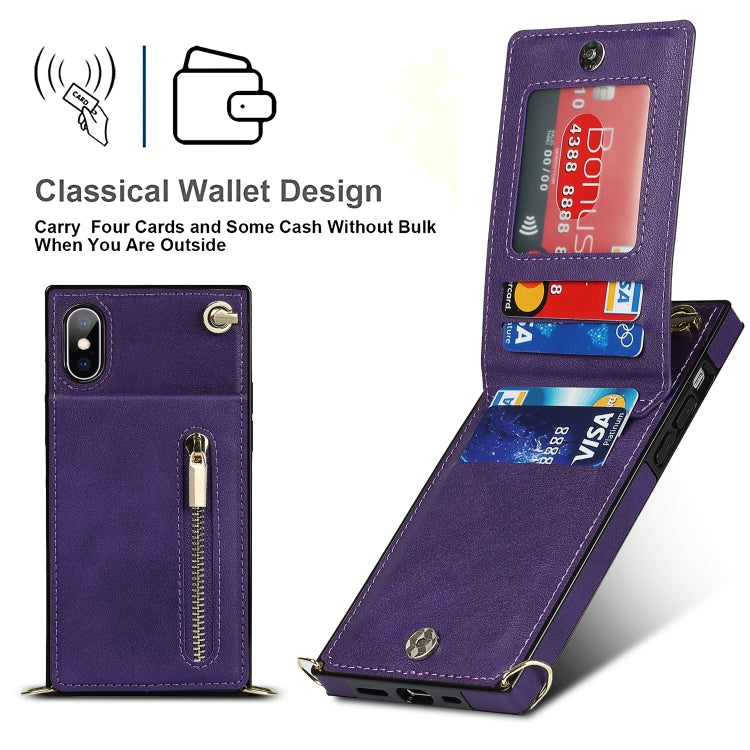 For iPhone X / XS Cross-body Zipper Square TPU+PU Back Cover Case with Holder & Card Slots & Wallet & Strap(Purple) - free shipping - PMC TechLife - Order now!