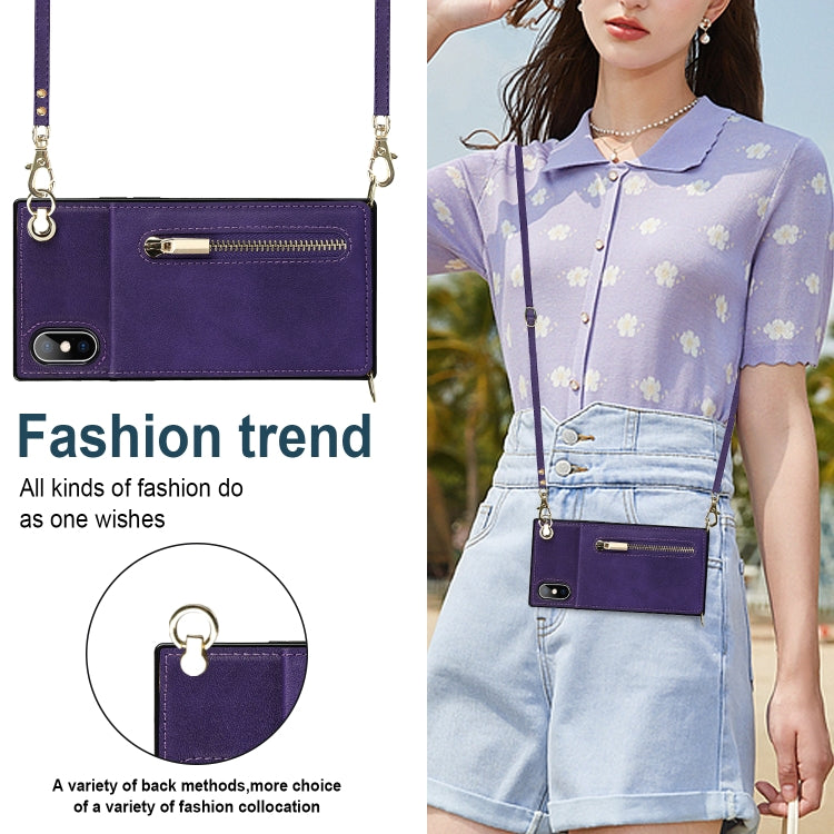 For iPhone X / XS Cross-body Zipper Square TPU+PU Back Cover Case with Holder & Card Slots & Wallet & Strap(Purple) - free shipping - PMC TechLife - Order now!