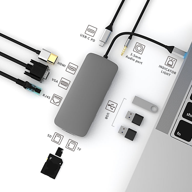 Basix BL10V 10 in 1 USB-C / Type-C to RJ45 + VGA + HDMI + 3.5mm AUX + SD / TF Card Slot + PD USB-C / Type-C + USB 3.0 + 2 USB 2.0 Ports Docking Station HUB - free shipping - PMC TechLife - Order now!