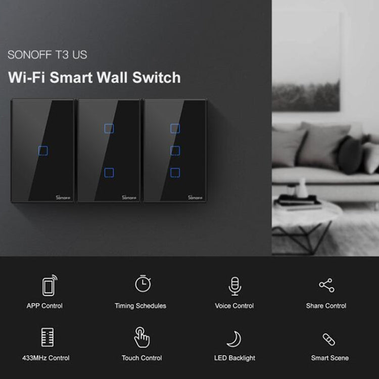 Sonoff T3 US-TX 433 RF WIFI Smart Remote Control Wall Touch Switch, US Plug, Style:Double Buttons - free shipping - PMC TechLife - Order now!
