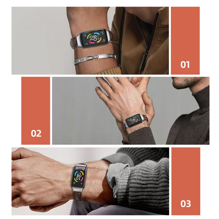 For Huawei Band 6 / Honor Band 6 / 7 MIJOBS Cowhide Leather Watch Band(Bamboo Joint Coffee Silver) - Watch Bands by MIJOBS | Online Shopping South Africa | PMC TechLife | Buy Now Pay Later Mobicred