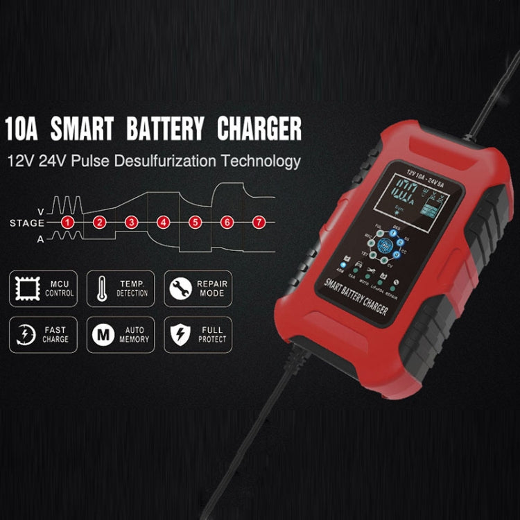 FOXSUR 10A 12V 7-segment Motorcycle / Car Smart Battery Charger, Plug Type:US Plug(Red) - free shipping - PMC TechLife - Order now!