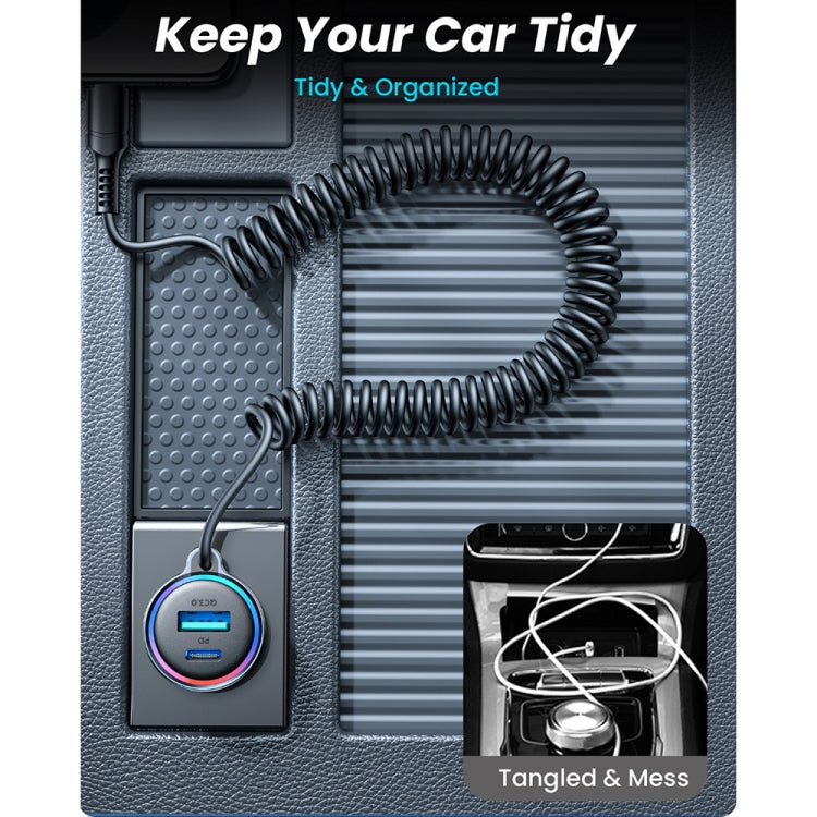 JOYROOM JR-CL07 3 in 1 55W PD USB-C / Type-C + USB Interface Car Charger with USB-C / Type-C Spring Data Cable(Black) - free shipping - PMC TechLife - Order now!