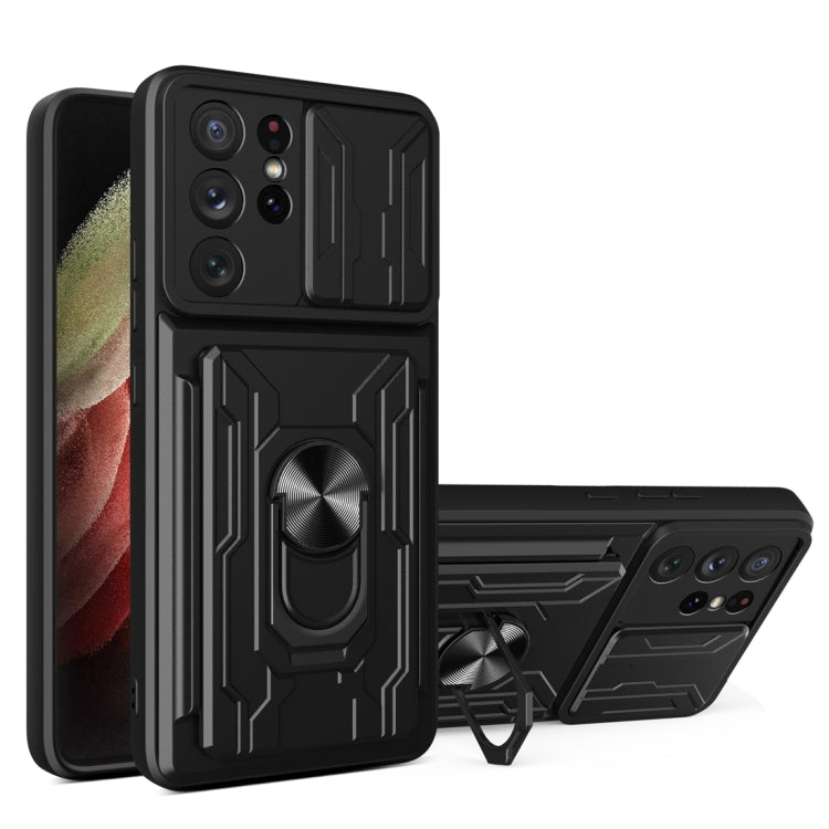 For Samsung Galaxy S21 Ultra 5G Camera Cover Phone Case with Card Slot & Holder(Black) - free shipping - PMC TechLife - Order now!