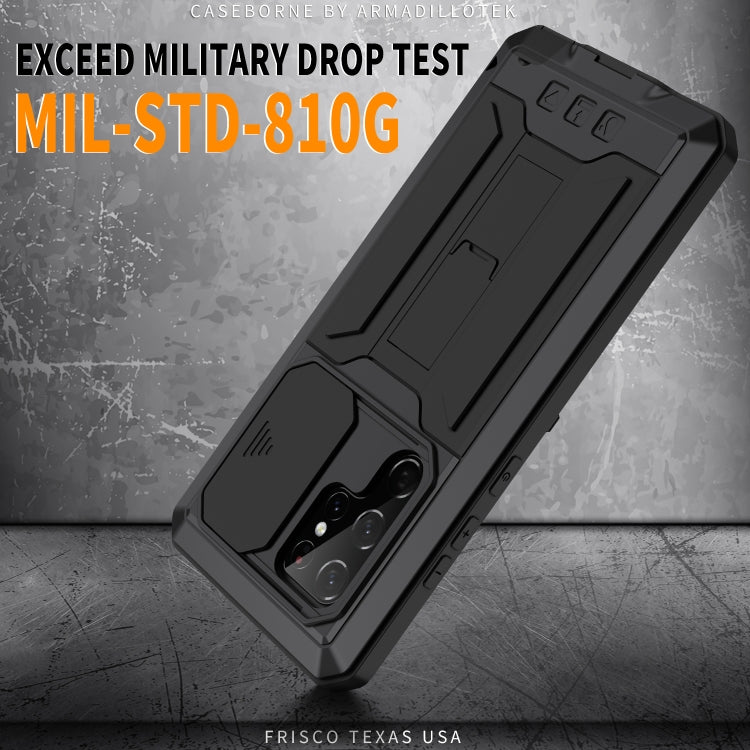 For Samsung Galaxy S22 Ultra 5G R-JUST Sliding Camera Metal + Silicone Holder Phone Case(Black) - Galaxy S22 Ultra 5G Cases by R-JUST | Online Shopping South Africa | PMC TechLife | Buy Now Pay Later Mobicred