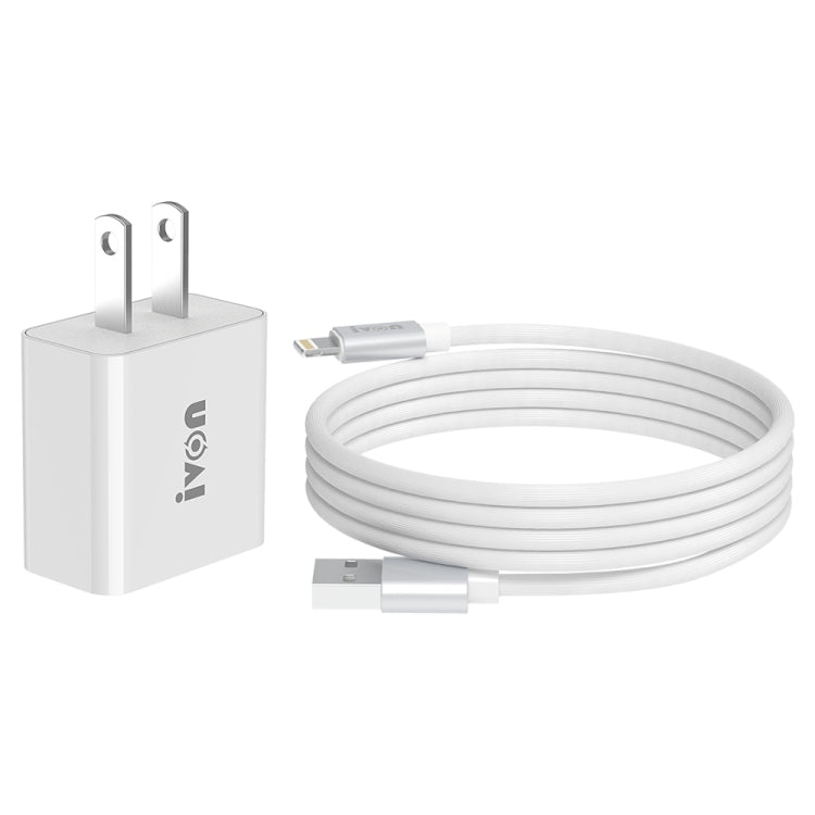 IVON AD-35 2 in 1 18W QC3.0 USB Port Travel Charger + 1m USB to 8 Pin Data Cable Set, US Plug(White) - USB Charger by IVON | Online Shopping South Africa | PMC TechLife