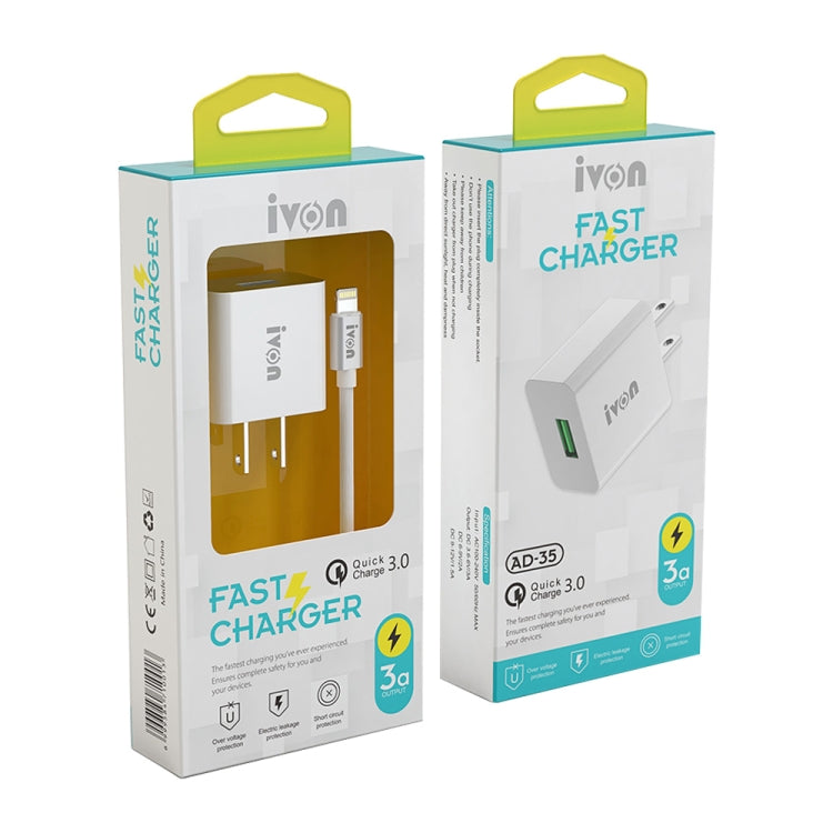 IVON AD-35 2 in 1 18W QC3.0 USB Port Travel Charger + 1m USB to 8 Pin Data Cable Set, US Plug(White) - USB Charger by IVON | Online Shopping South Africa | PMC TechLife