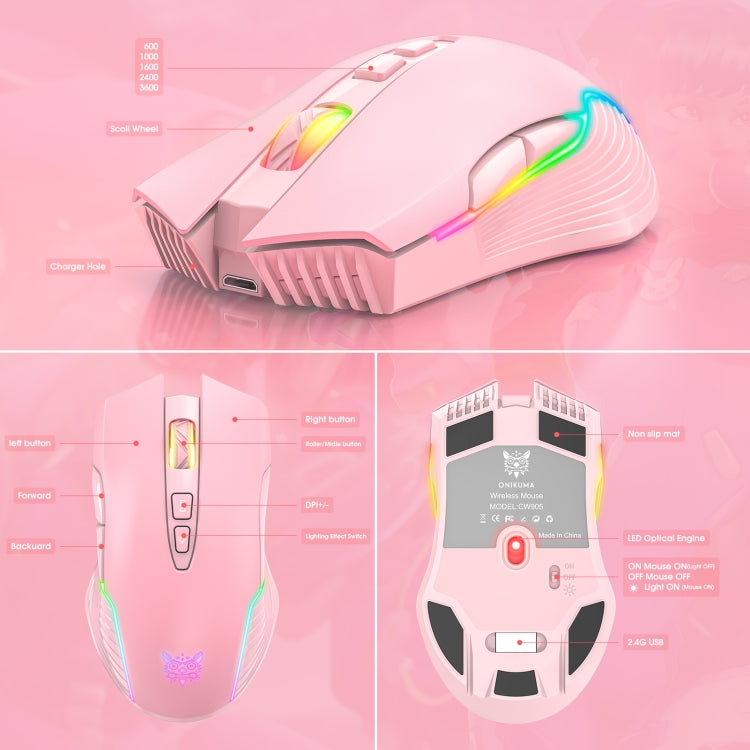ONIKUMA CW905 2.4G RGB Lighting Wireless Mouse(Pink) - free shipping - PMC TechLife - Order now!