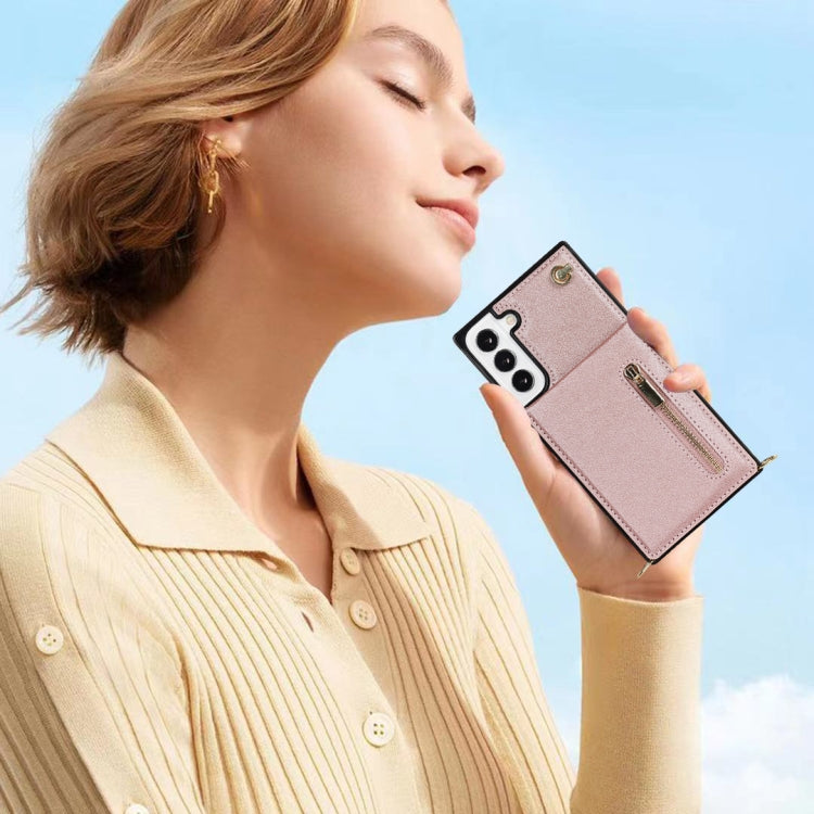 For Samsung Galaxy S22 5G Cross-body Square Zipper Card Holder Bag Phone Case(Rose Gold) - Galaxy S22 5G Cases by PMC TechLife | Online Shopping South Africa | PMC TechLife