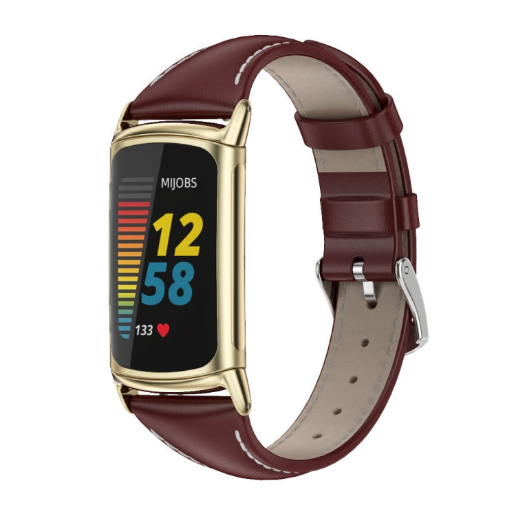 For Fitbit Charge 5 / Charge 6 Mijobs Genuine Leather Slim Watch Band(Wine Red+Gold) - Watch Bands by MIJOBS | Online Shopping South Africa | PMC TechLife | Buy Now Pay Later Mobicred