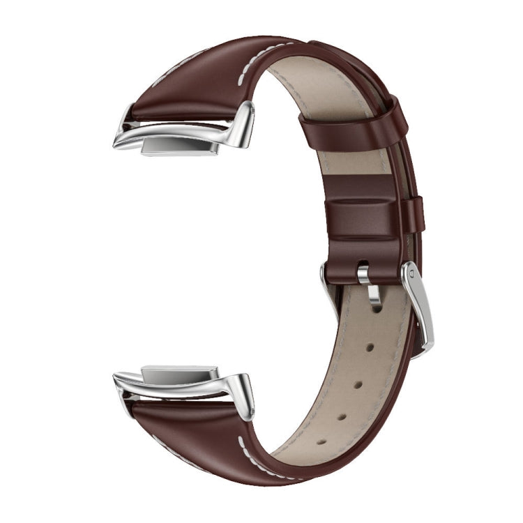 For Fitbit Charge 5 / Charge 6 Mijobs Genuine Leather Slim Watch Band(Coffee+Silver) - Watch Bands by MIJOBS | Online Shopping South Africa | PMC TechLife | Buy Now Pay Later Mobicred