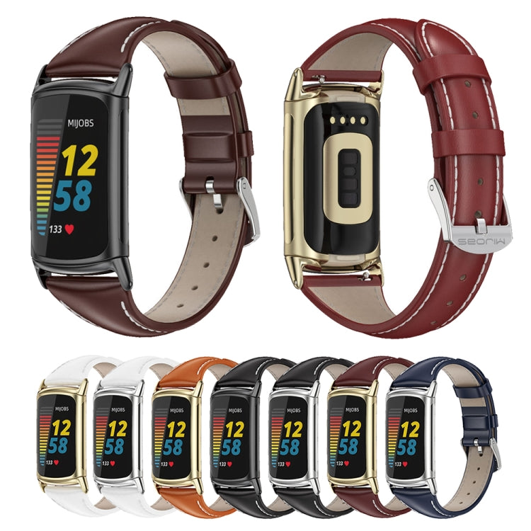 For Fitbit Charge 5 / Charge 6 Mijobs Genuine Leather Slim Watch Band(Wine Red+Gold) - Watch Bands by MIJOBS | Online Shopping South Africa | PMC TechLife | Buy Now Pay Later Mobicred