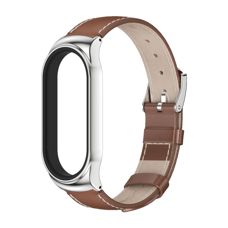 For Xiaomi Mi Band 7 / 7 NFC MIJOBS CS Metal Case Genuine Leather Top Layer Cowhide Watch Band(Brown Silver) - Watch Bands by MIJOBS | Online Shopping South Africa | PMC TechLife | Buy Now Pay Later Mobicred