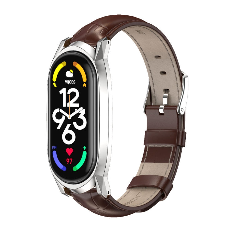 For Xiaomi Mi Band 7 / 7 NFC MIJOBS GT Metal Case Top Layer Cowhide Watch Band(Bamboo Coffee Silver) - Watch Bands by MIJOBS | Online Shopping South Africa | PMC TechLife | Buy Now Pay Later Mobicred