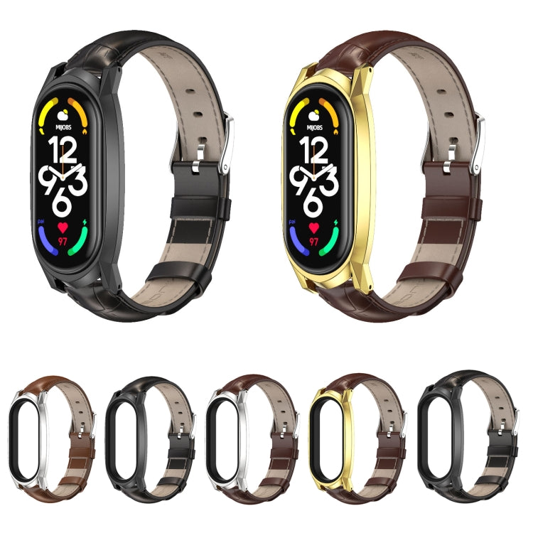 For Xiaomi Mi Band 7 / 7 NFC MIJOBS GT Metal Case Top Layer Cowhide Watch Band(Bamboo Coffee Silver) - Watch Bands by MIJOBS | Online Shopping South Africa | PMC TechLife | Buy Now Pay Later Mobicred