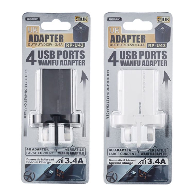REMAX RP-U43 3.4A 4 USB Port Fast Charger, Specification:UK Plug(White) - free shipping - PMC TechLife - Order now!
