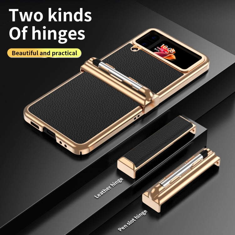 For Samsung Galaxy Z Flip3 5G Litchi Texture Leather Hinged Electroplated Phone Case with Pen(Black Gold) - free shipping - PMC TechLife - Order now!