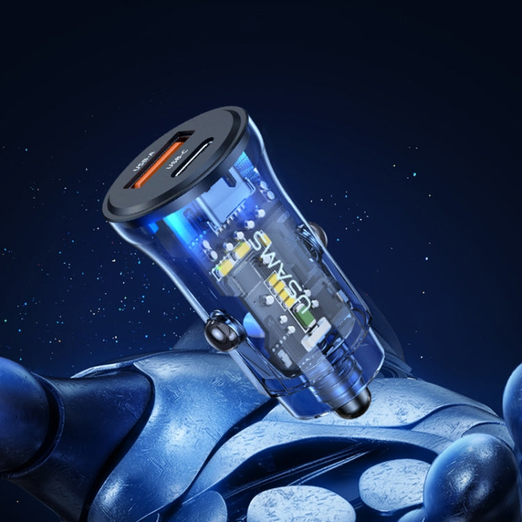 USAMS US-CC164 C32 30W Transparent Dual Port Mini Car Charger(Blue) - free shipping - PMC TechLife - Order now!