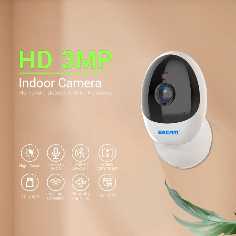 ESCAM QF006 3MP 1296P HD Indoor Wireless PTZ IP Camera IR Night Vision AI Humanoid Detection Home Security CCTV Monitor, Plug Type:EU Plug(White) - free shipping - PMC TechLife - Order now!