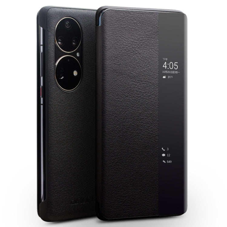 For Huawei P50 Pro QIALINO Genuine Leather Side Window View Smart Phone Case(Black) - free shipping - PMC TechLife - Order now!