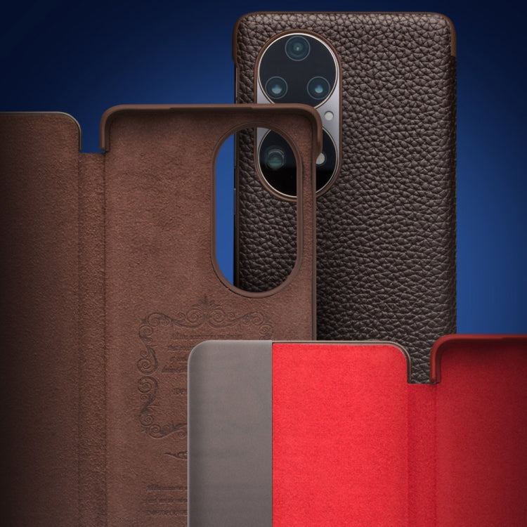 For Huawei P50 Pro QIALINO Genuine Leather Side Window View Smart Phone Case(Black) - free shipping - PMC TechLife - Order now!