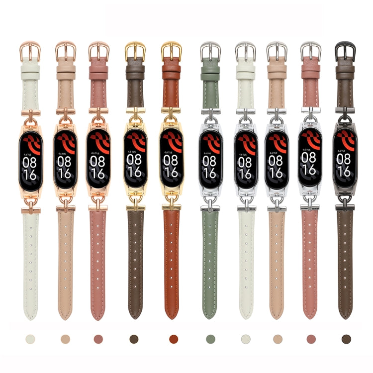 For Xiaomi Mi Band 3 / 4 D-shaped Steel + Genuine Leather Watch Band(Gold Drak Brown) - free shipping - PMC TechLife - Order now!